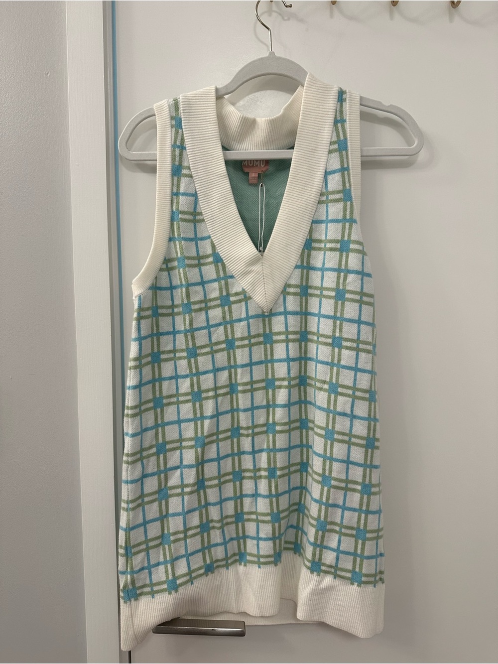 Mumu Sleeveless Plaid V-Neck Knit Tank Dress - White with Aqua & Olive - Picture 2 of 3